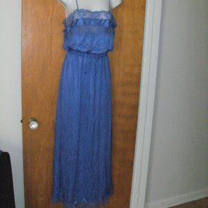 Vintage Flair Lingerie Dianne Keesee Blue Silky Long Gown Nightgown with Lace  P